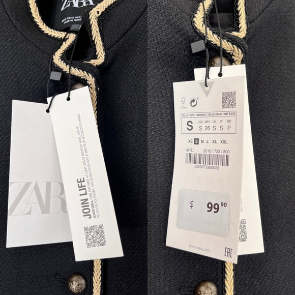 SOLD🥤 Zara Woman Textured Cropped Wool Blend Jacket Black Gold Buttons S NWT - Picture 9 of 16